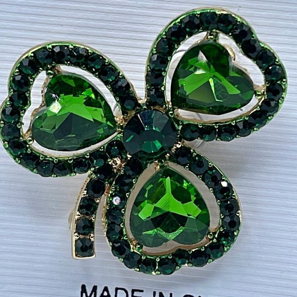 NWT Luck of the Irish big green crystal clover brooch